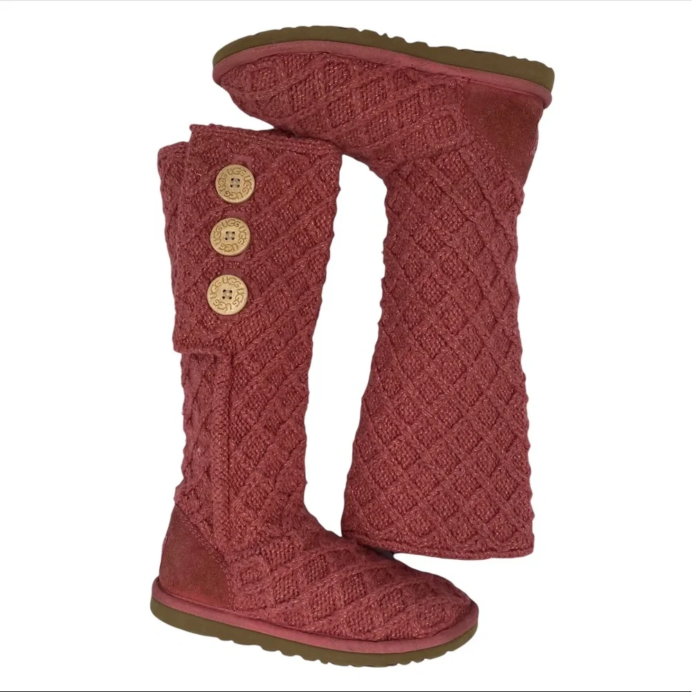 UGG Cardy Coral Lattice Button Shearling Knit Sweater Tall to Mid Calf Boot 5